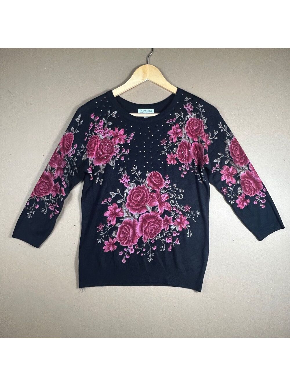 Emily Daniels Women's Black Knit Sweater with Pink Floral Print Medium